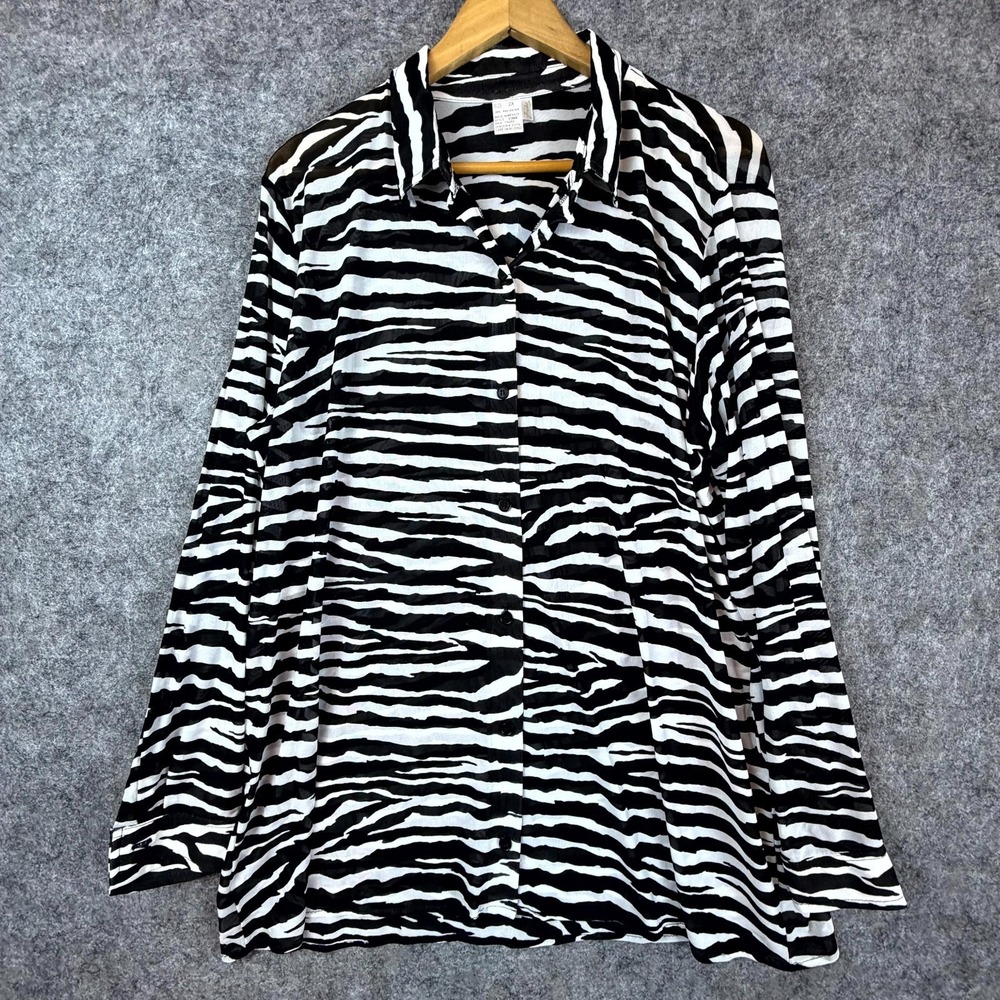 Spiegel Shirt Womens 2X Black White Zebra Print Long Sleeve Office Siren
